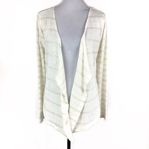 Karen Brooks Cardigan Open Waterfall Front Tan Ivory Stripe Long Sleeve Medium - Picture 1 of 5